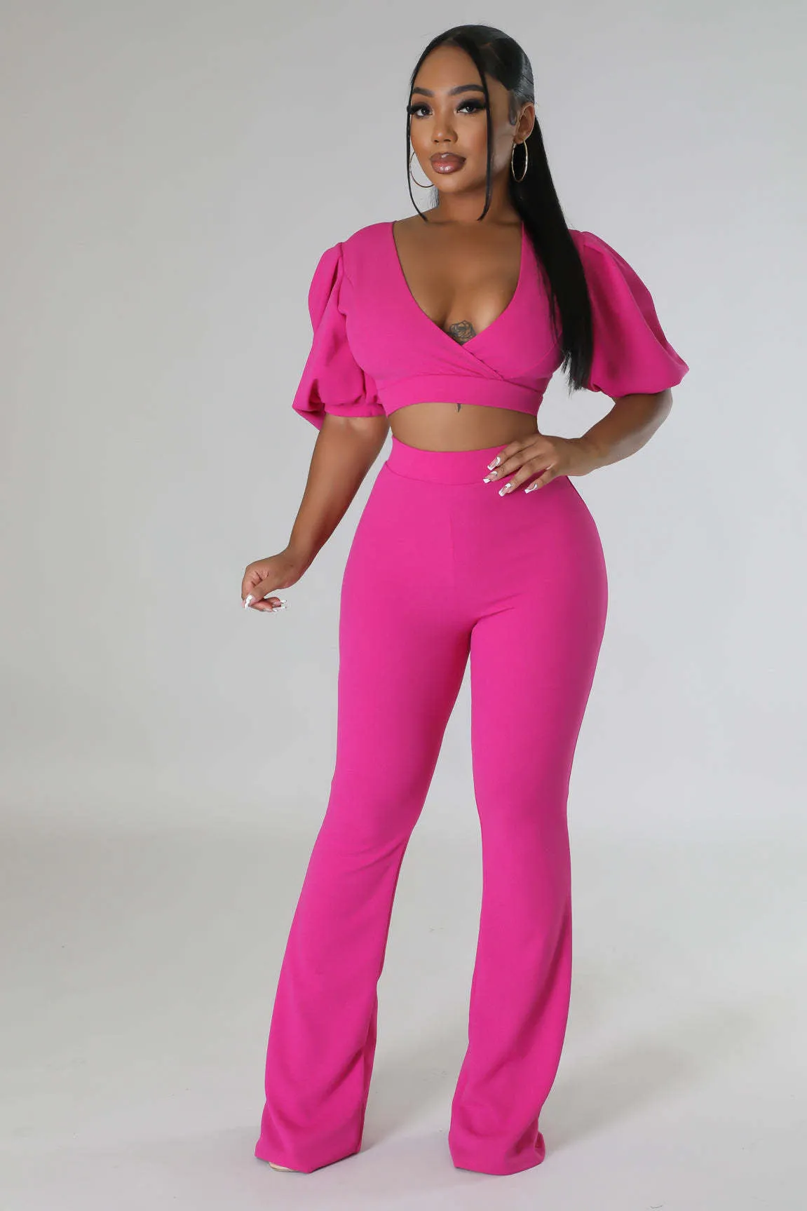 Bold Radiance Lantern Sleeve Crop Top and Flared Pants Set