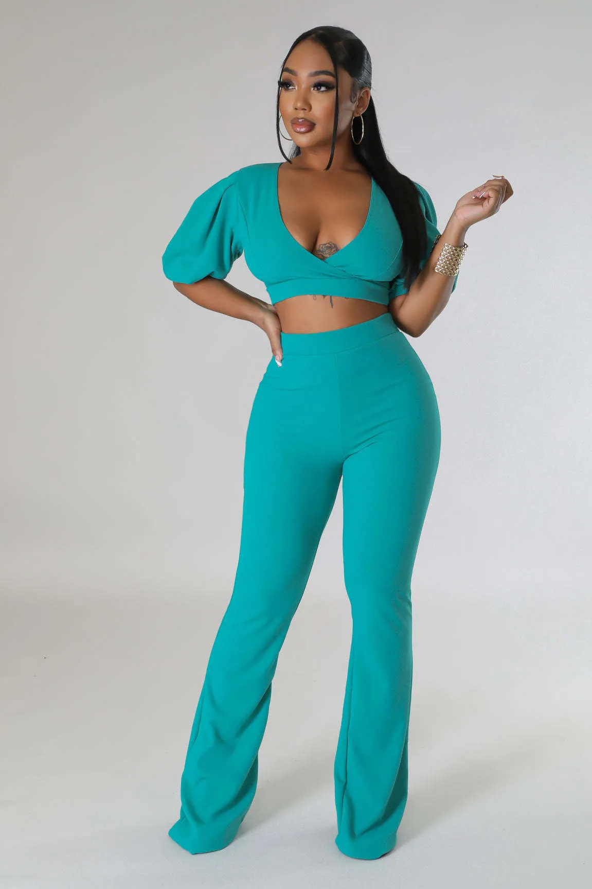Bold Radiance Lantern Sleeve Crop Top and Flared Pants Set