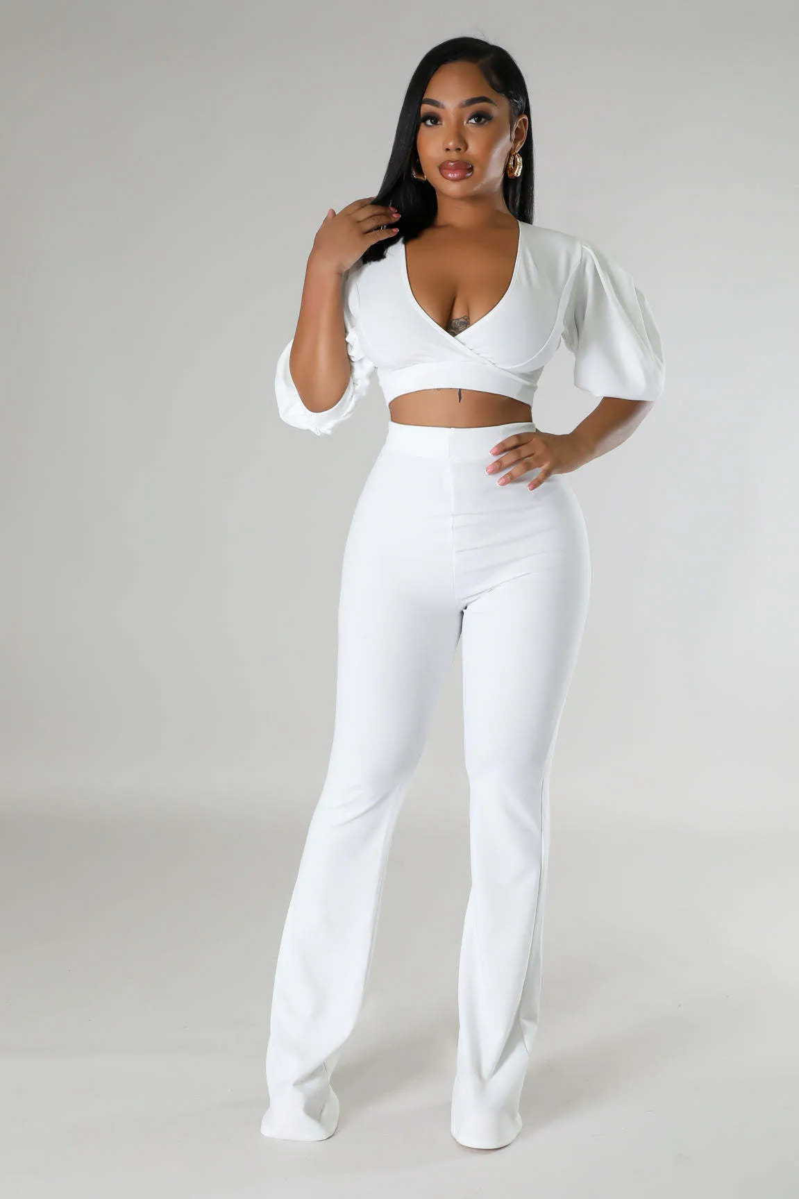 Bold Radiance Lantern Sleeve Crop Top and Flared Pants Set