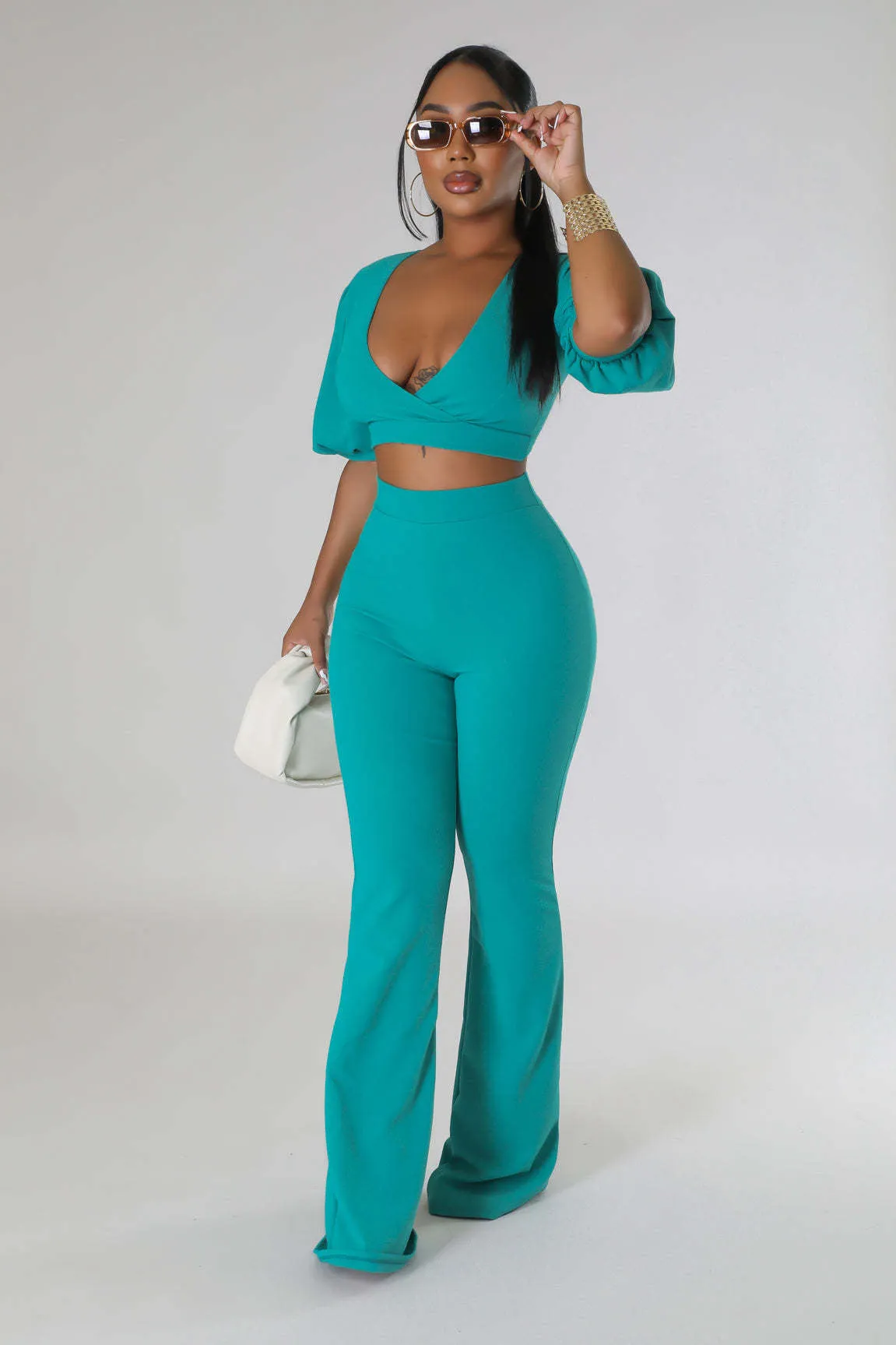 Bold Radiance Lantern Sleeve Crop Top and Flared Pants Set