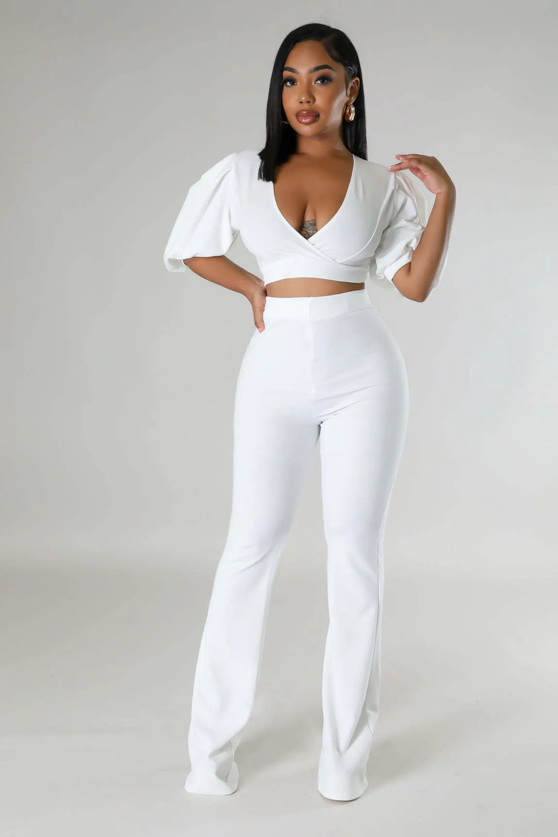 Bold Radiance Lantern Sleeve Crop Top and Flared Pants Set