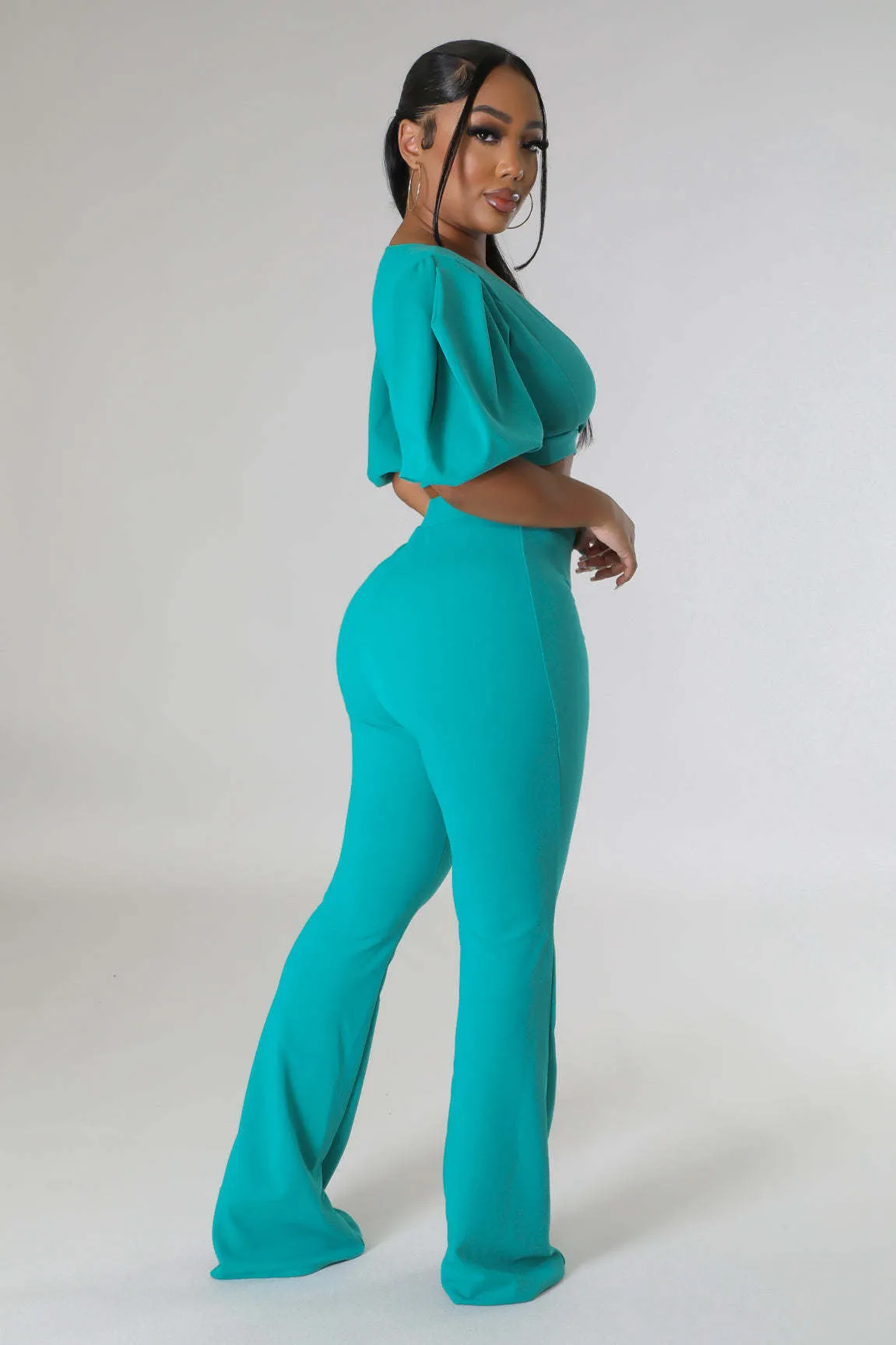 Bold Radiance Lantern Sleeve Crop Top and Flared Pants Set