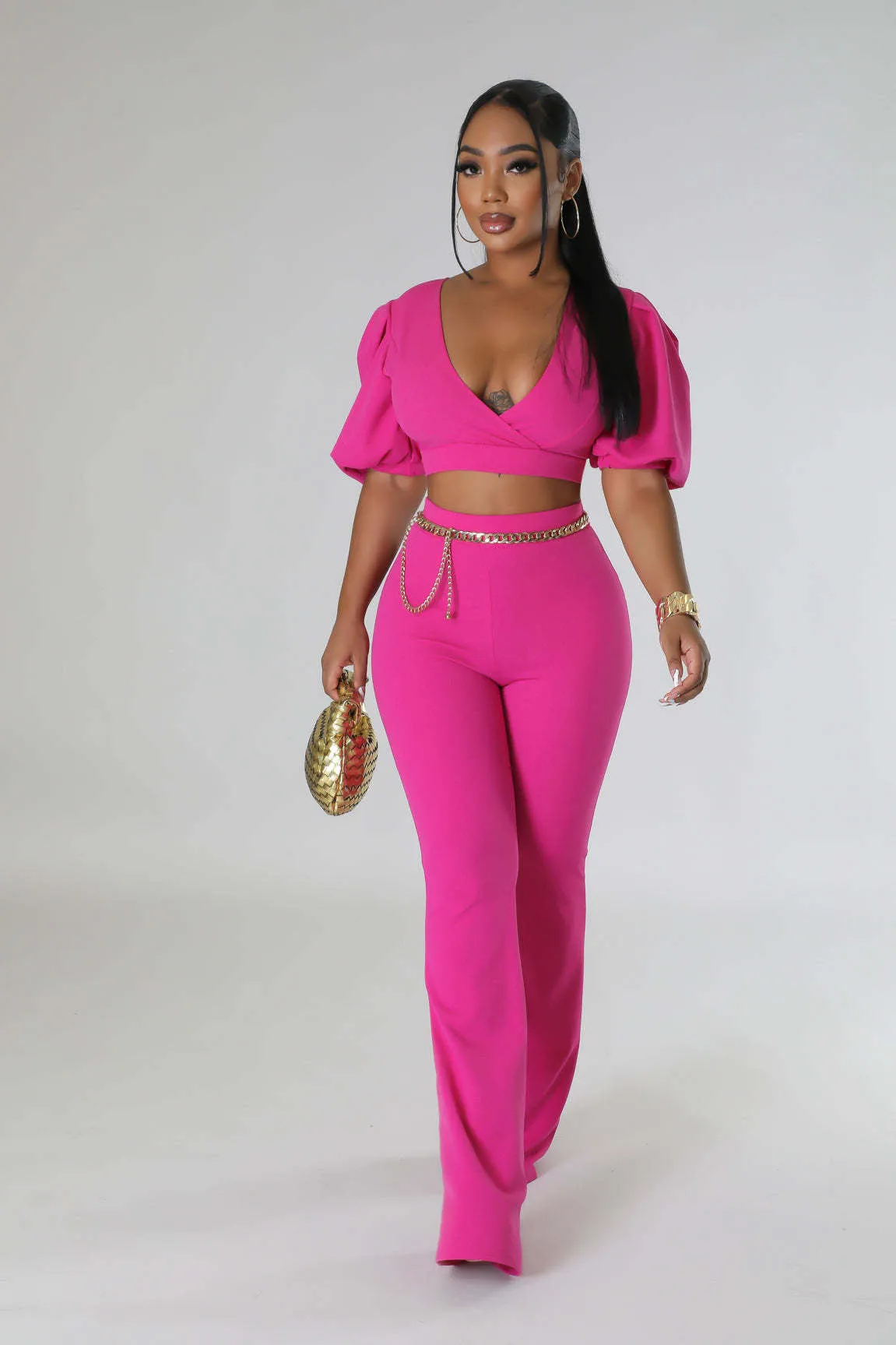 Bold Radiance Lantern Sleeve Crop Top and Flared Pants Set
