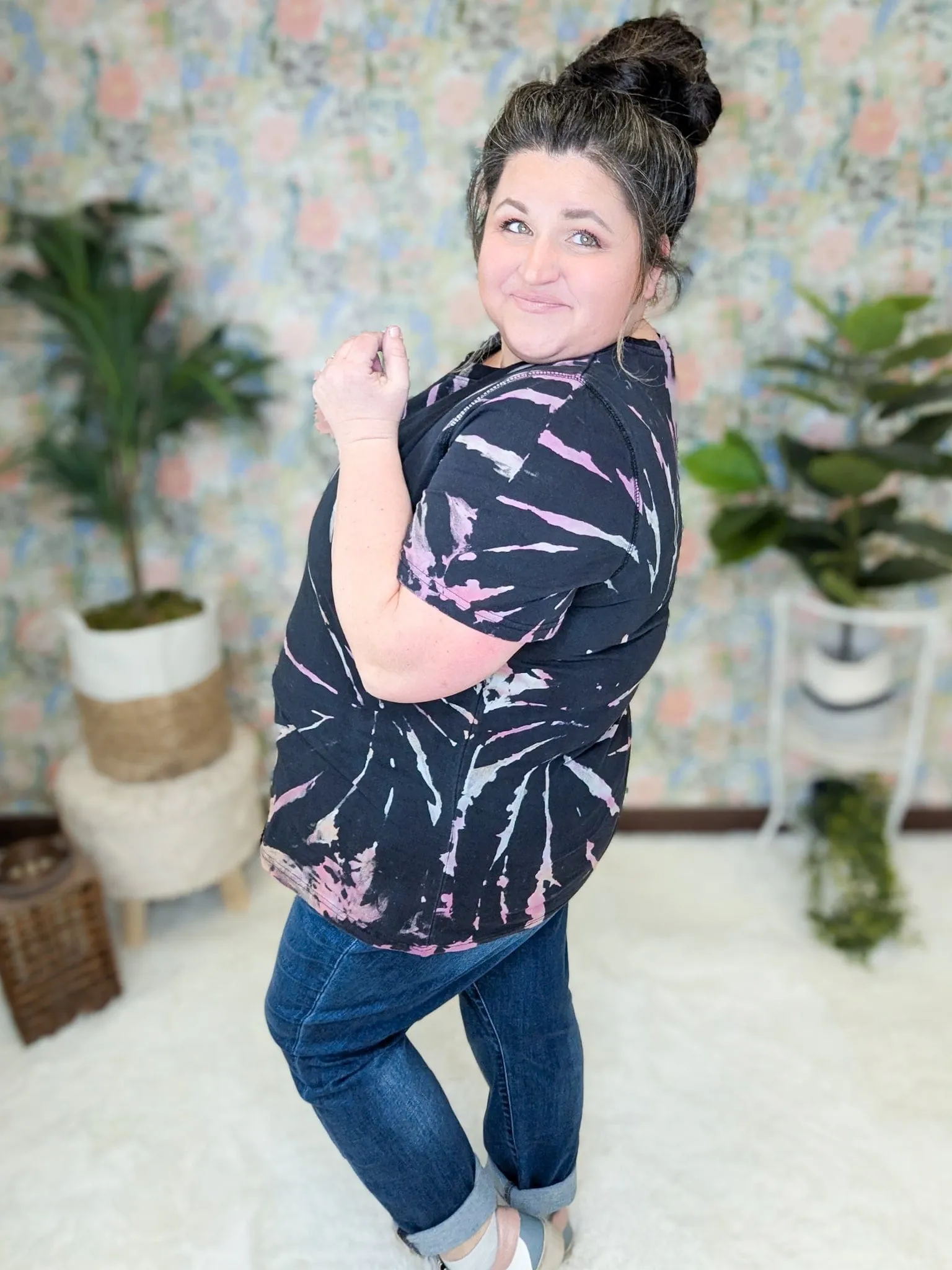 Brigit Black Boxy Tee in Multi Tiedye