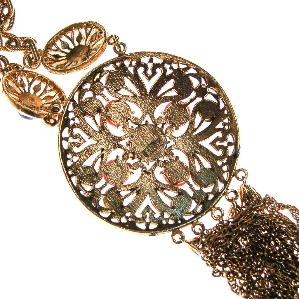 Coral and Lapis Medallion Statement Necklace by Lisner