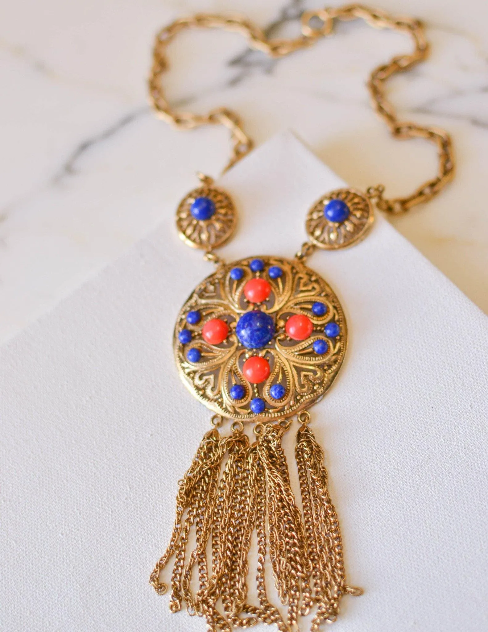 Coral and Lapis Medallion Statement Necklace by Lisner