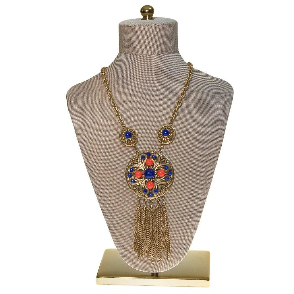 Coral and Lapis Medallion Statement Necklace by Lisner