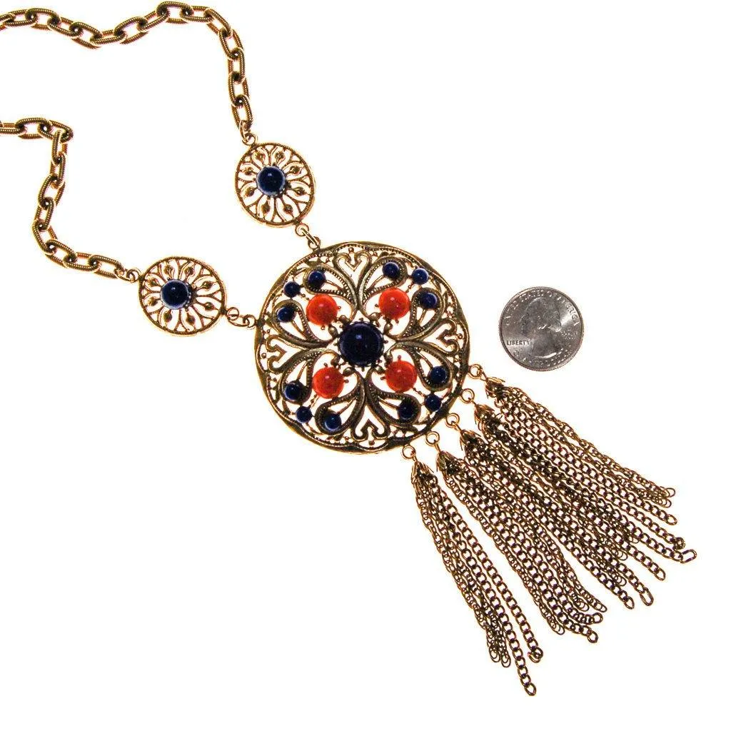 Coral and Lapis Medallion Statement Necklace by Lisner