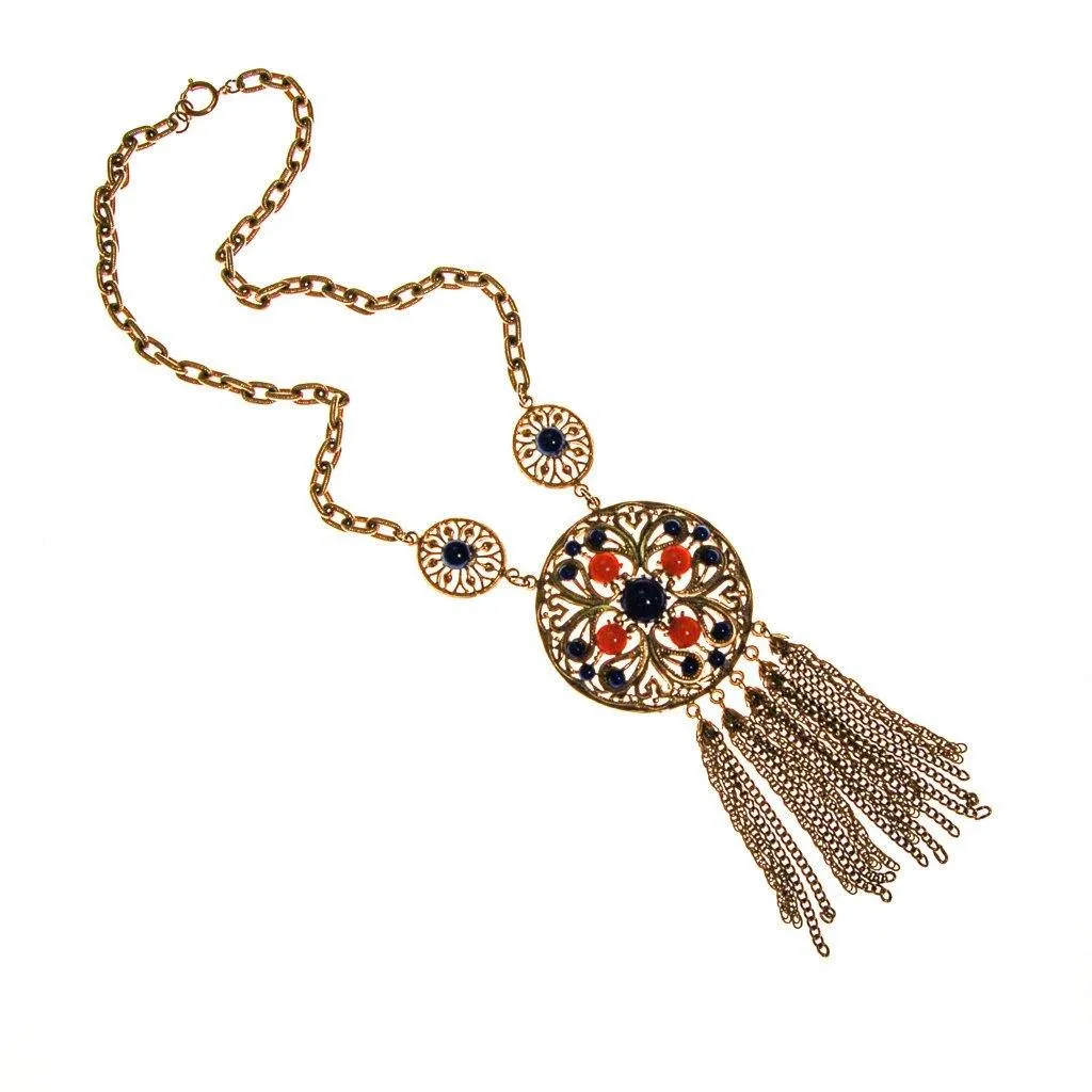 Coral and Lapis Medallion Statement Necklace by Lisner