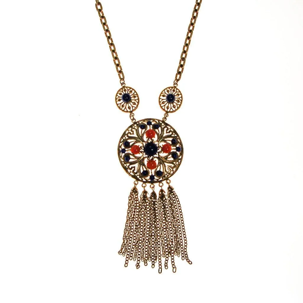 Coral and Lapis Medallion Statement Necklace by Lisner