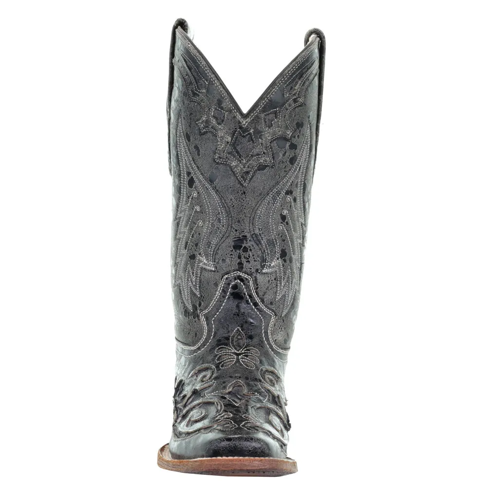 Distressed Embroidered Snake Square Toe Cowboy Boots