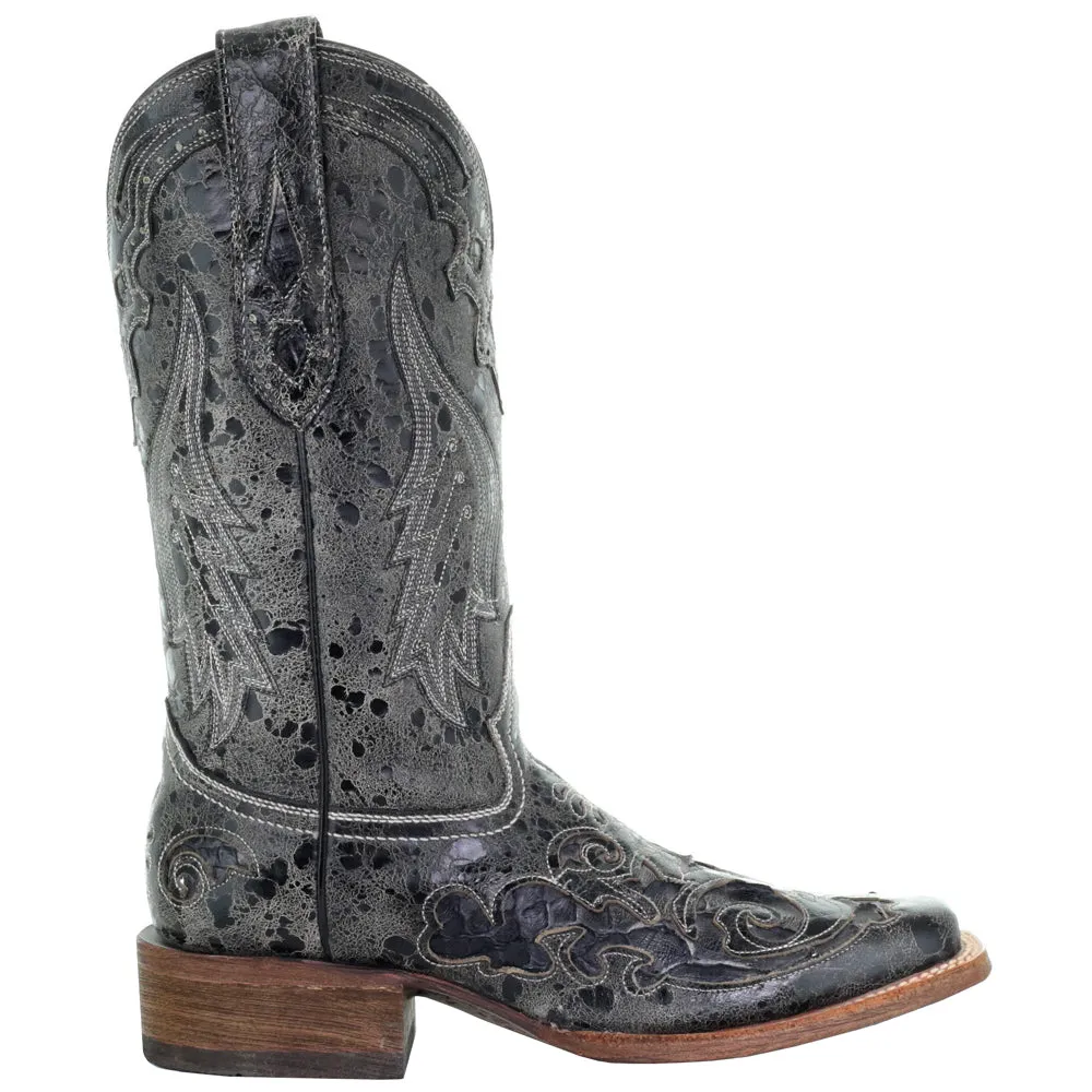 Distressed Embroidered Snake Square Toe Cowboy Boots