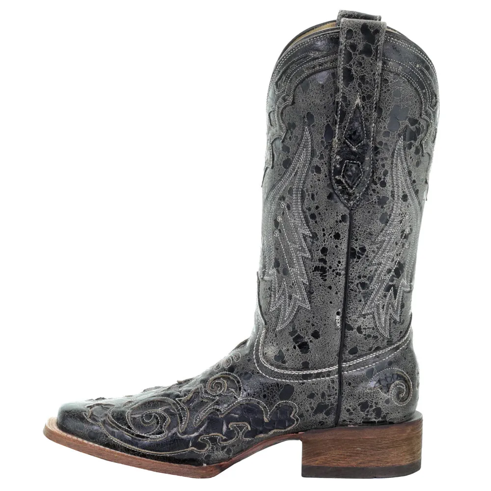 Distressed Embroidered Snake Square Toe Cowboy Boots