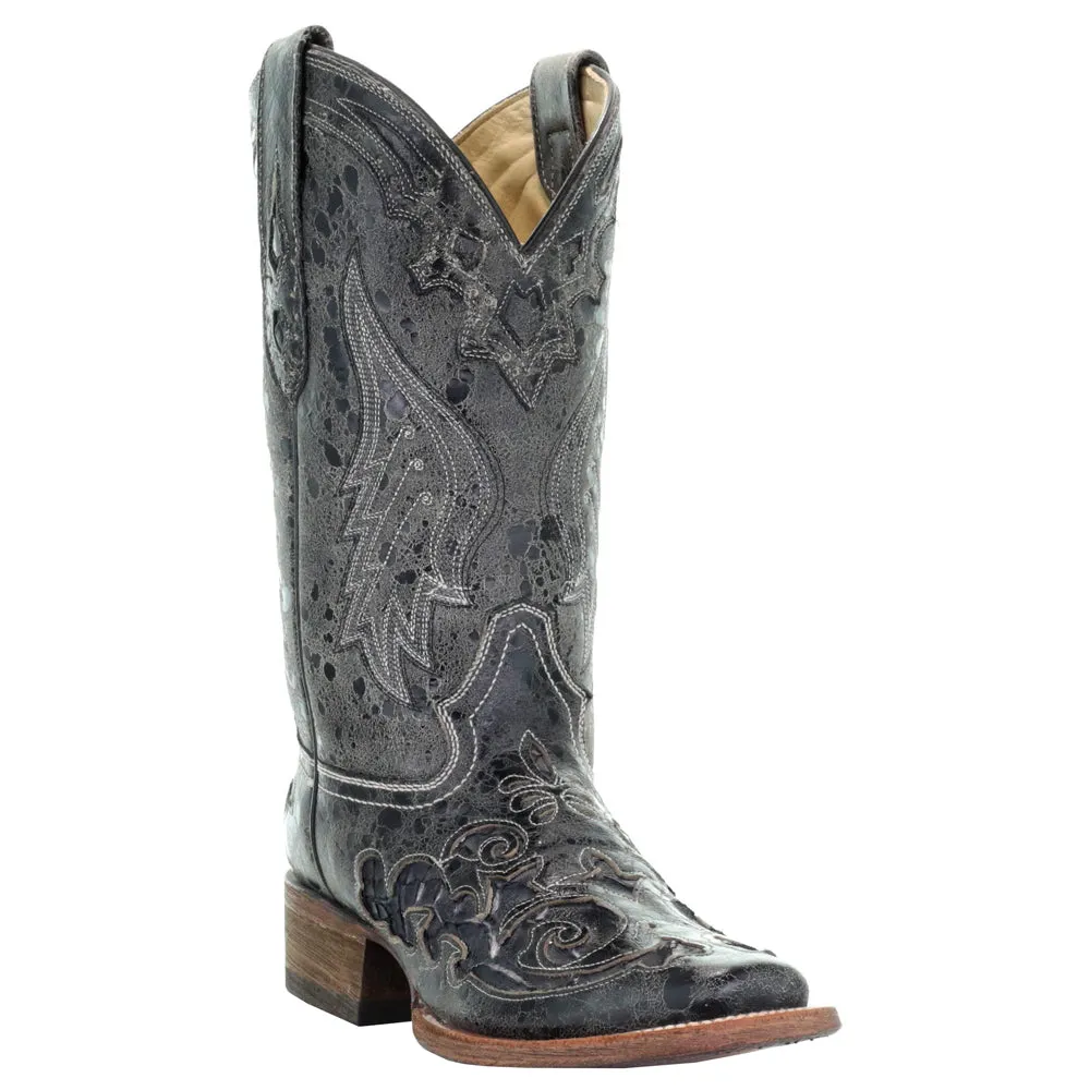 Distressed Embroidered Snake Square Toe Cowboy Boots
