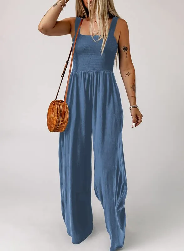 Dokotoo Womens Overalls Blue Jumpsuits for Women Casual Loose Fit Solid Color Wide Leg One Piece Sleeveless Jumpsuit Long Pant Rompers with Pockets