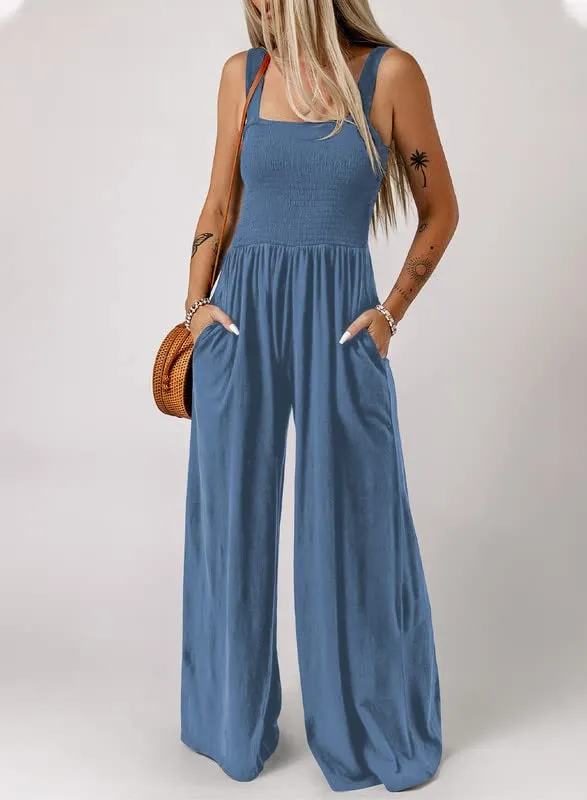 Dokotoo Womens Overalls Blue Jumpsuits for Women Casual Loose Fit Solid Color Wide Leg One Piece Sleeveless Jumpsuit Long Pant Rompers with Pockets
