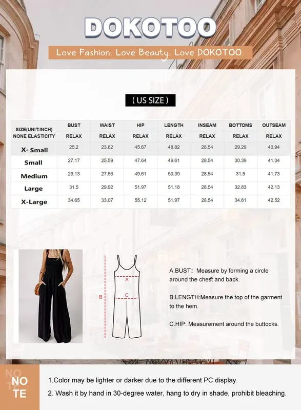 Dokotoo Womens Overalls Blue Jumpsuits for Women Casual Loose Fit Solid Color Wide Leg One Piece Sleeveless Jumpsuit Long Pant Rompers with Pockets