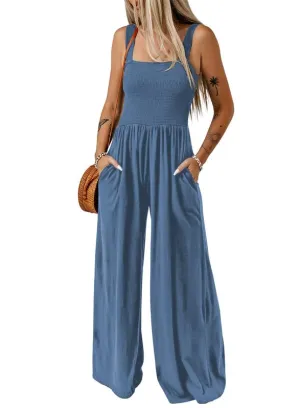 Dokotoo Womens Overalls Blue Jumpsuits for Women Casual Loose Fit Solid Color Wide Leg One Piece Sleeveless Jumpsuit Long Pant Rompers with Pockets