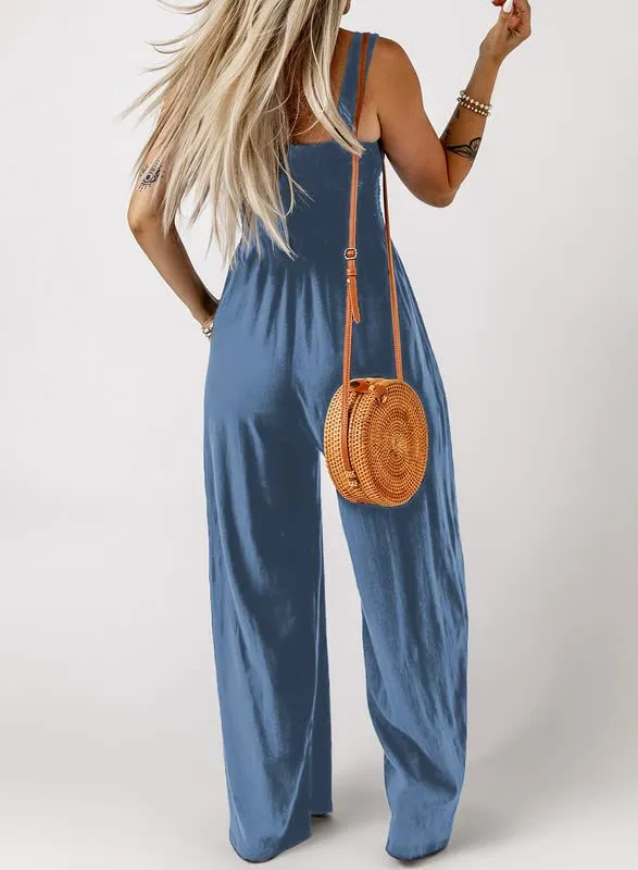Dokotoo Womens Overalls Blue Jumpsuits for Women Casual Loose Fit Solid Color Wide Leg One Piece Sleeveless Jumpsuit Long Pant Rompers with Pockets