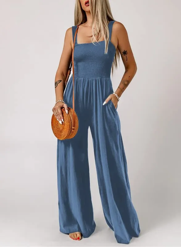 Dokotoo Womens Overalls Blue Jumpsuits for Women Casual Loose Fit Solid Color Wide Leg One Piece Sleeveless Jumpsuit Long Pant Rompers with Pockets