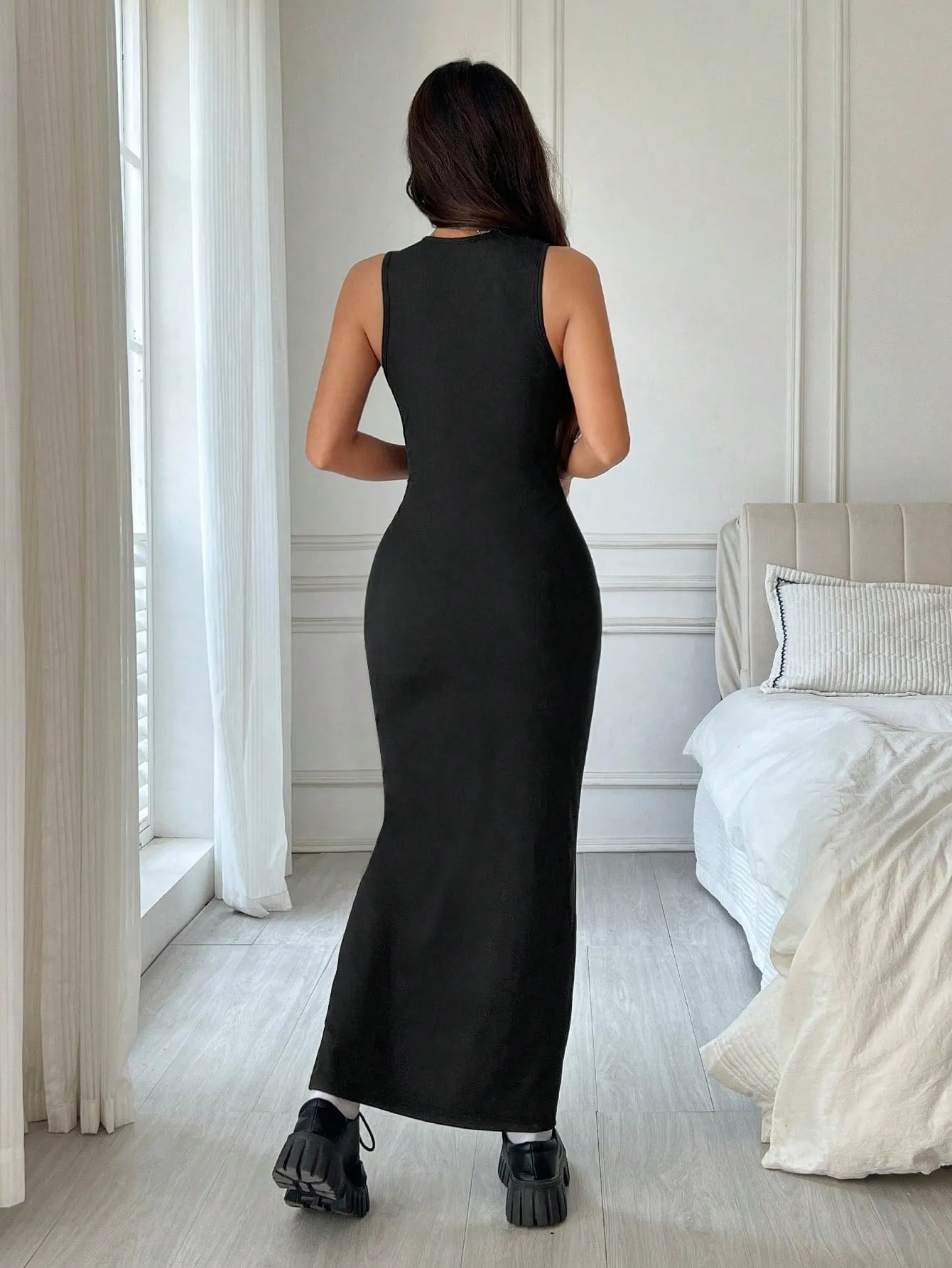 Edgy Lace-Up Cut-Out Sleeveless Bodycon Maxi Dress for Effortless Chic