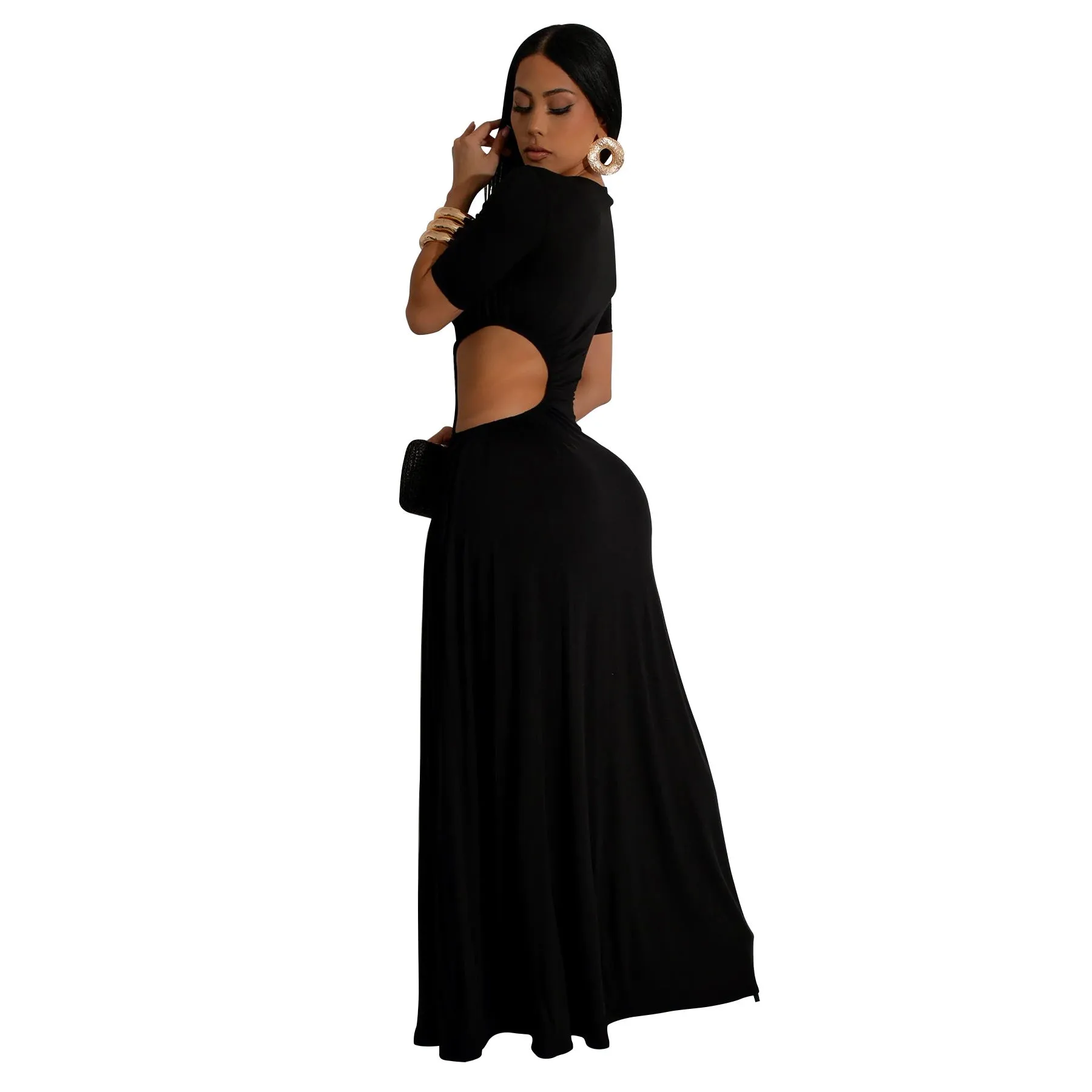 Elegant Cut-Out Maxi Dress with High Slit and Irregular Waist Design