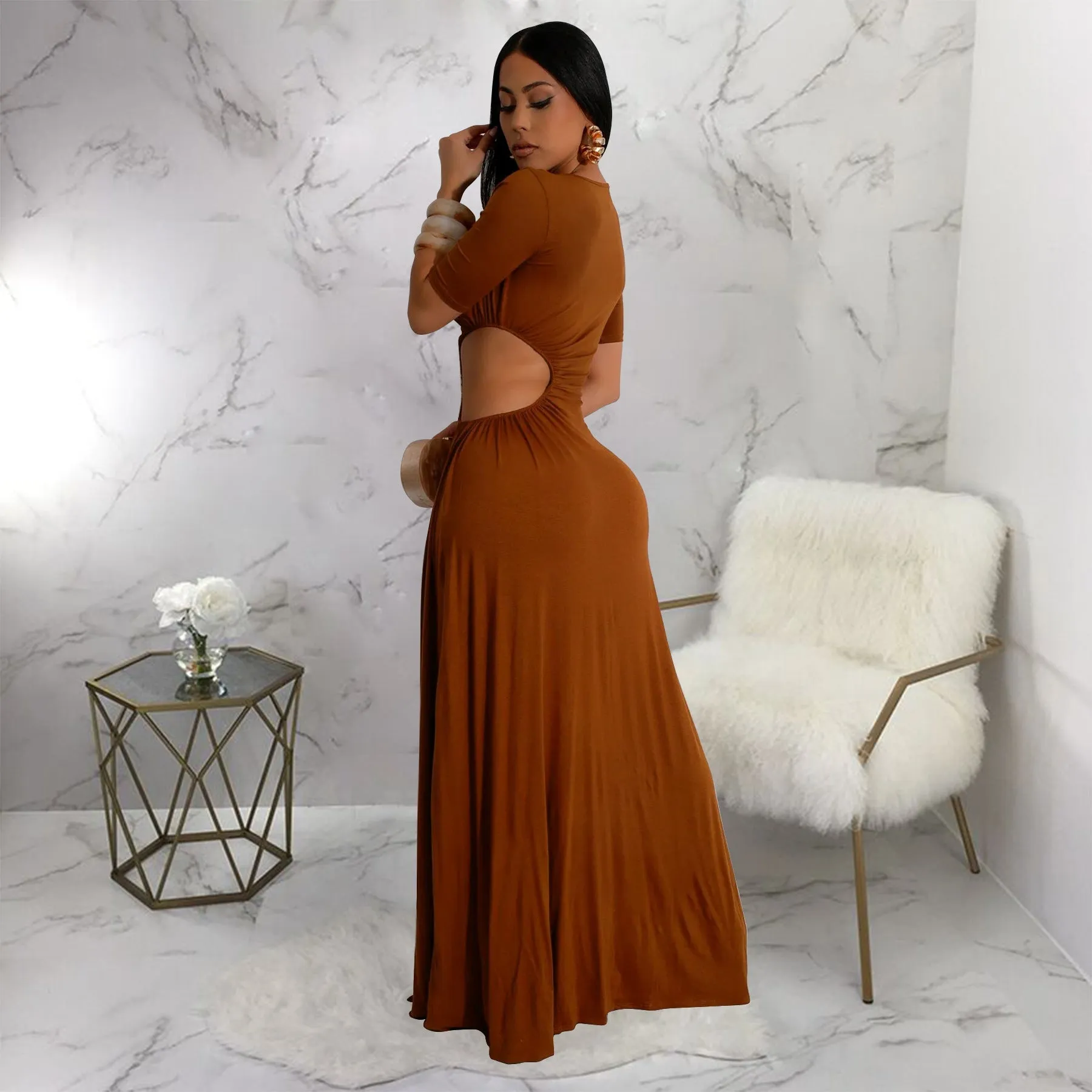 Elegant Cut-Out Maxi Dress with High Slit and Irregular Waist Design