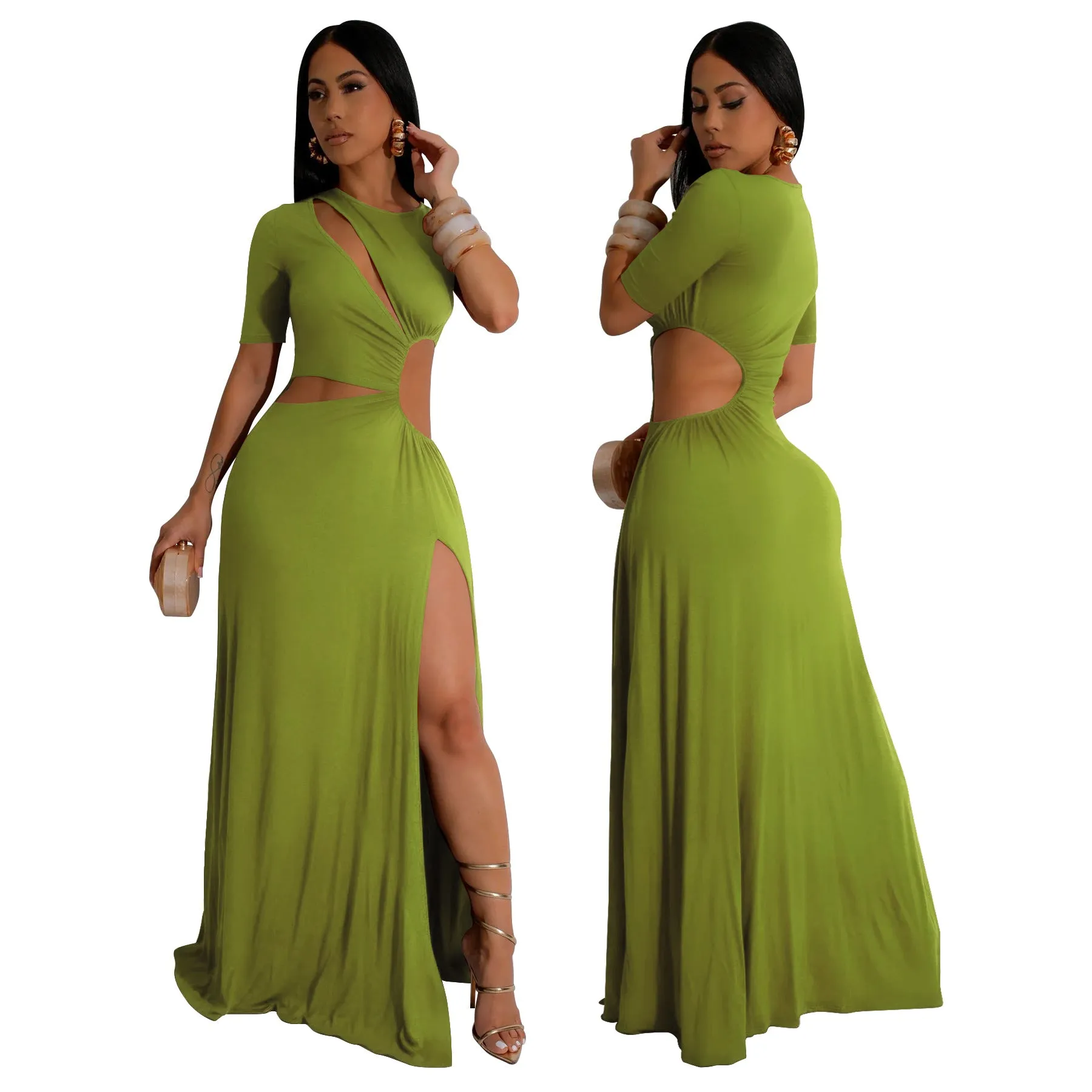 Elegant Cut-Out Maxi Dress with High Slit and Irregular Waist Design