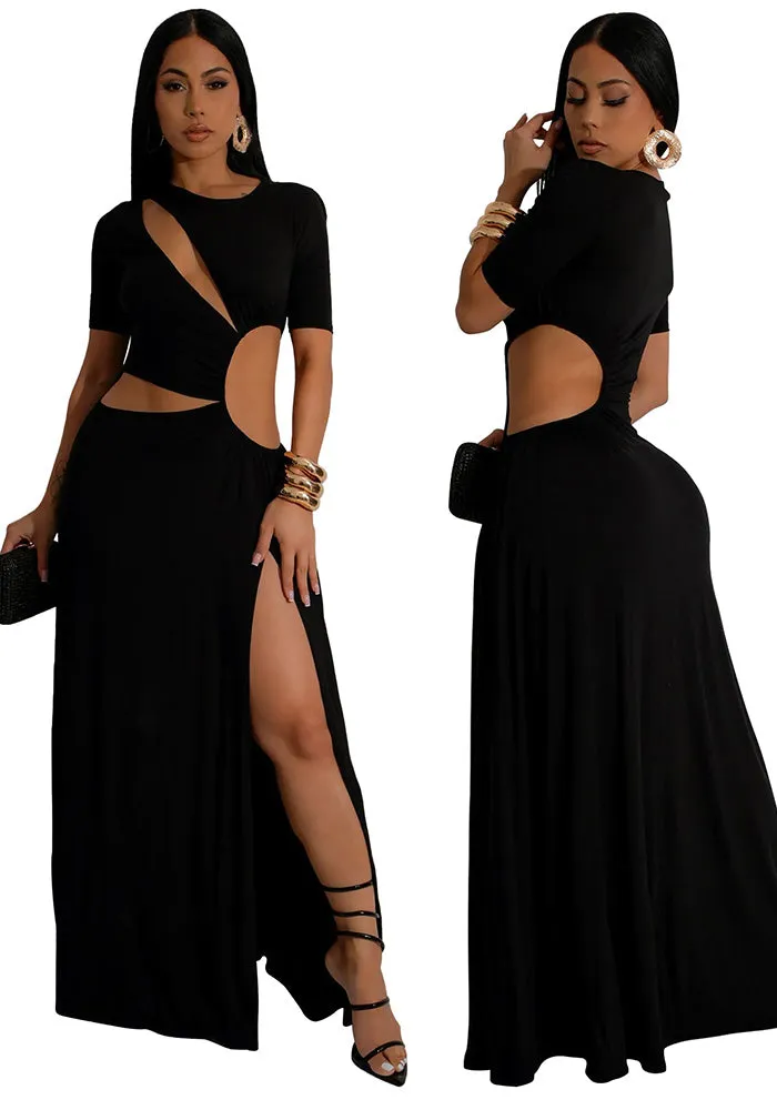 Elegant Cut-Out Maxi Dress with High Slit and Irregular Waist Design