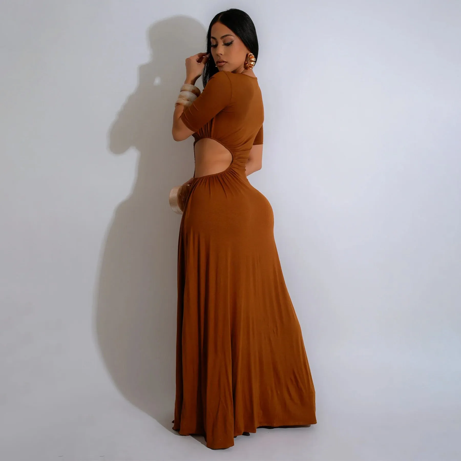 Elegant Cut-Out Maxi Dress with High Slit and Irregular Waist Design