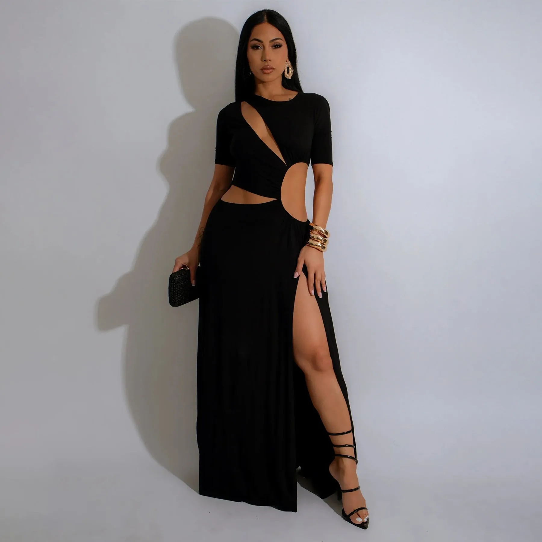 Elegant Cut-Out Maxi Dress with High Slit and Irregular Waist Design