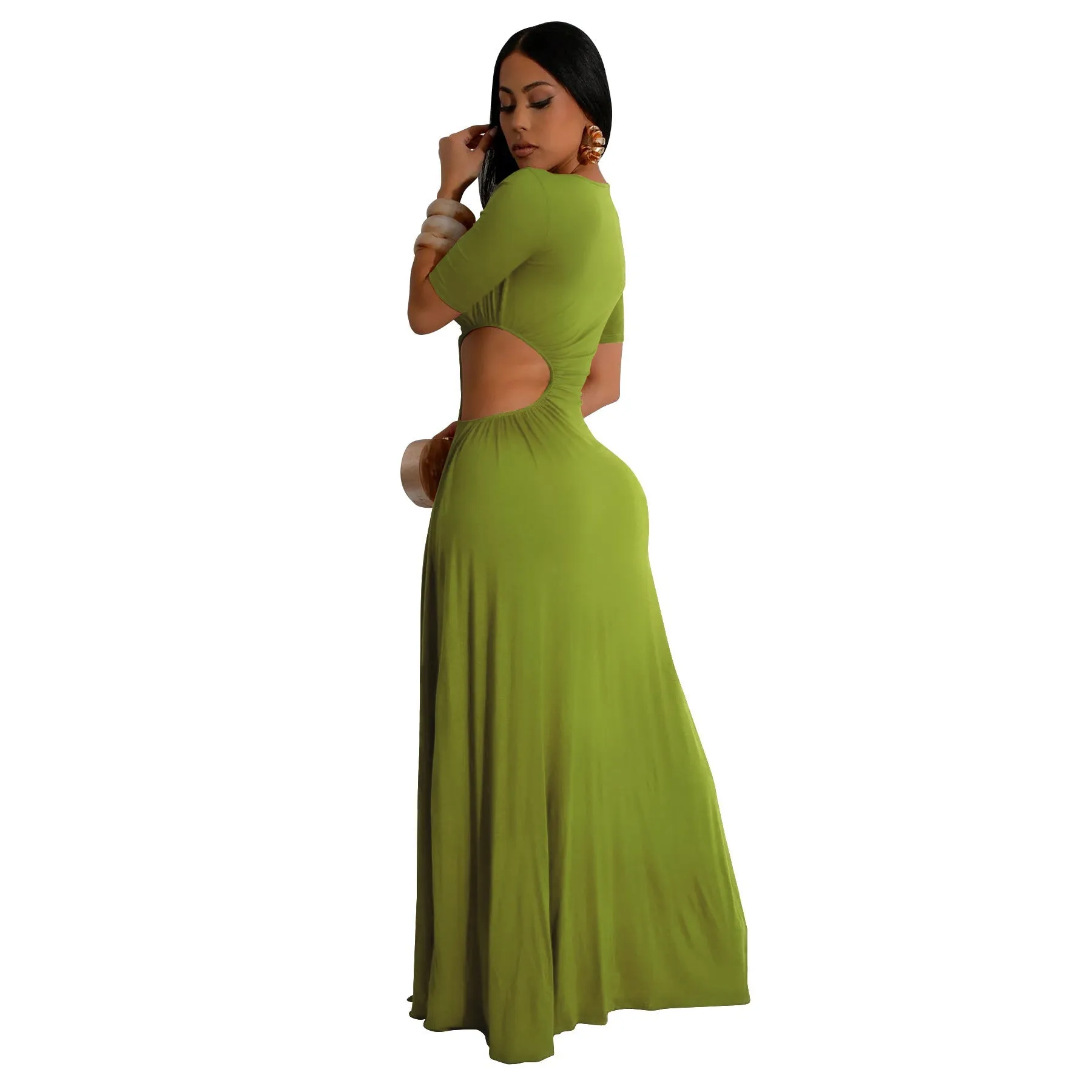 Elegant Cut-Out Maxi Dress with High Slit and Irregular Waist Design