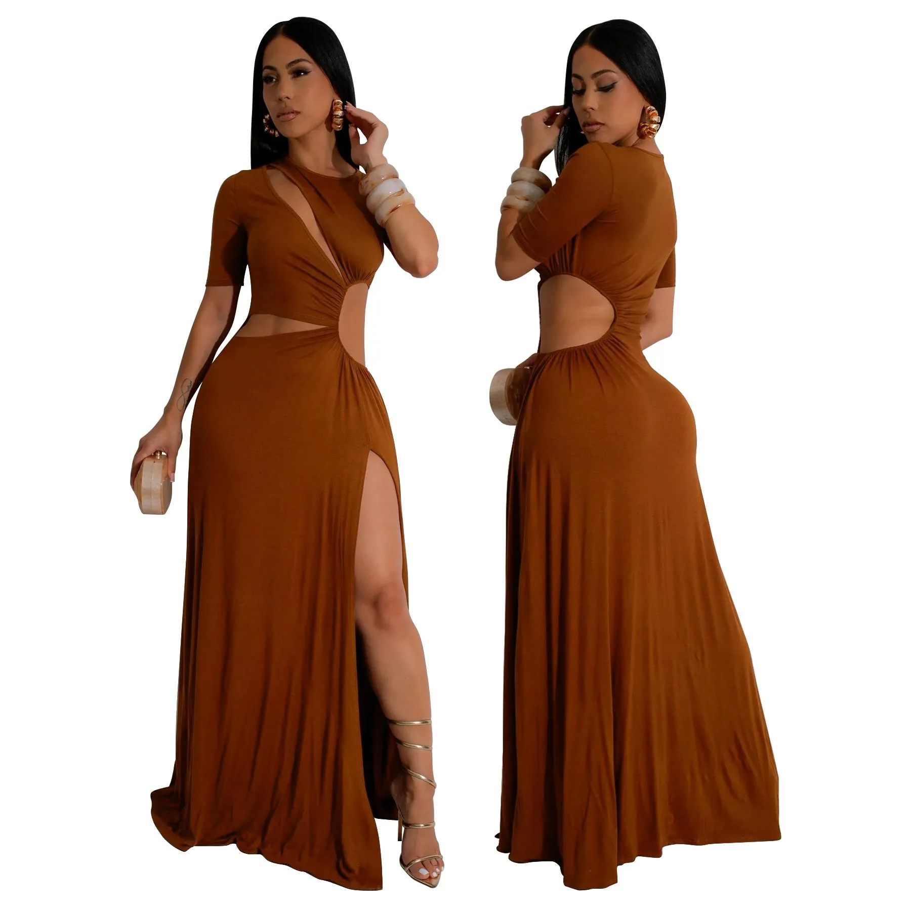 Elegant Cut-Out Maxi Dress with High Slit and Irregular Waist Design