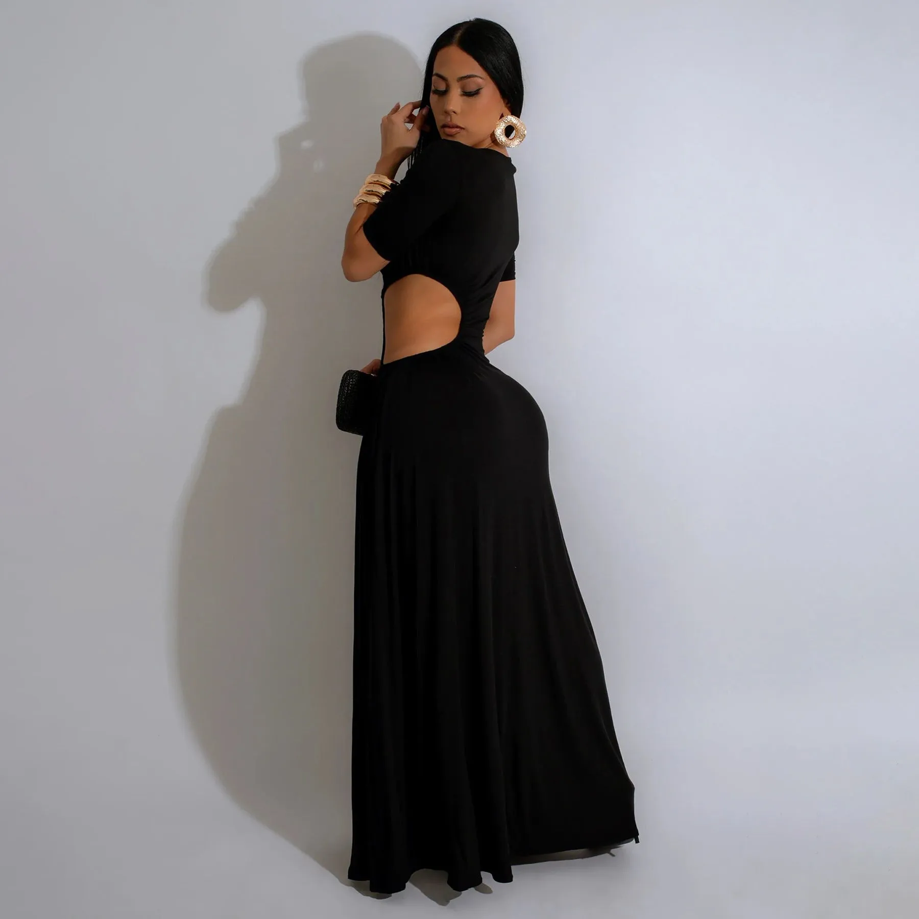 Elegant Cut-Out Maxi Dress with High Slit and Irregular Waist Design