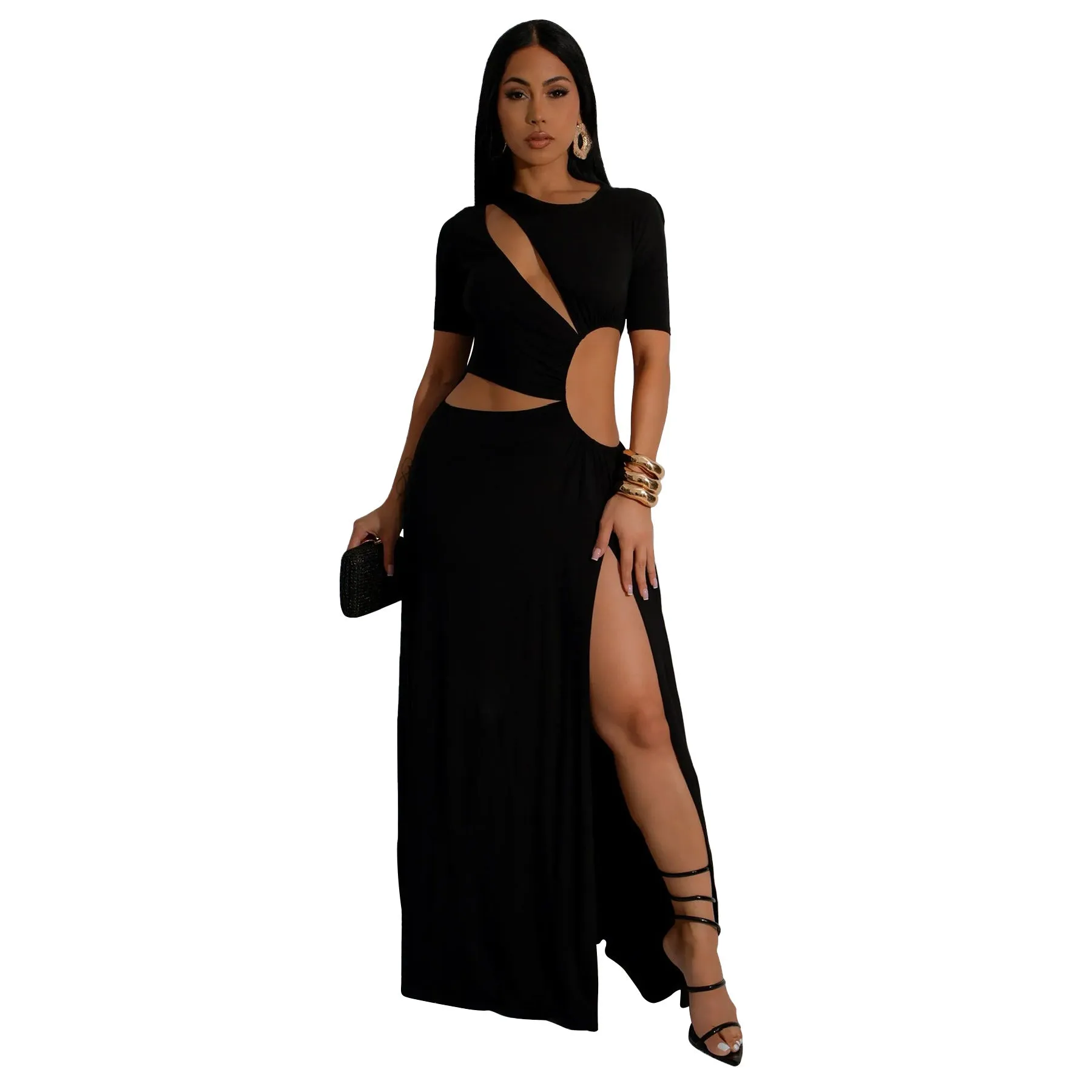 Elegant Cut-Out Maxi Dress with High Slit and Irregular Waist Design