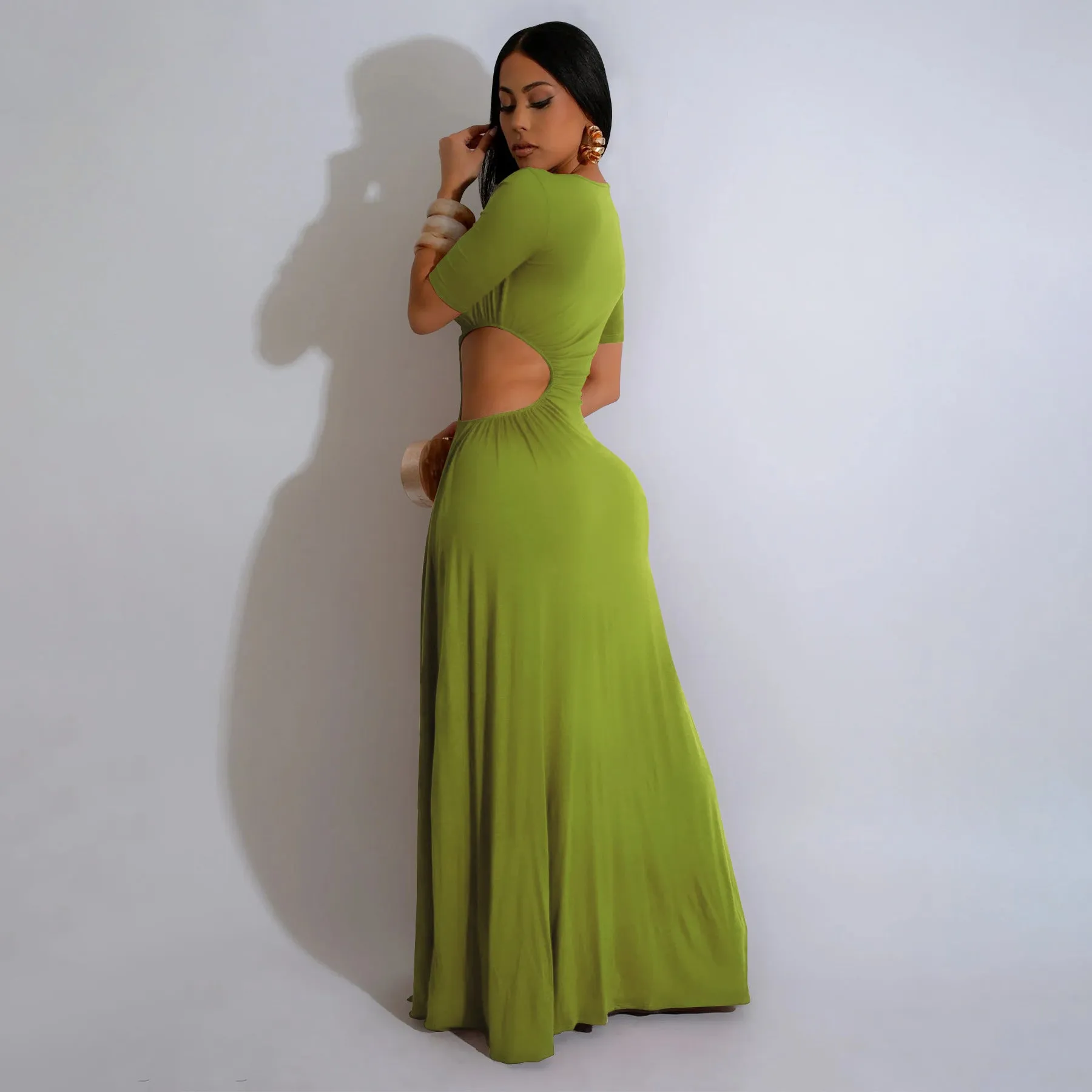 Elegant Cut-Out Maxi Dress with High Slit and Irregular Waist Design