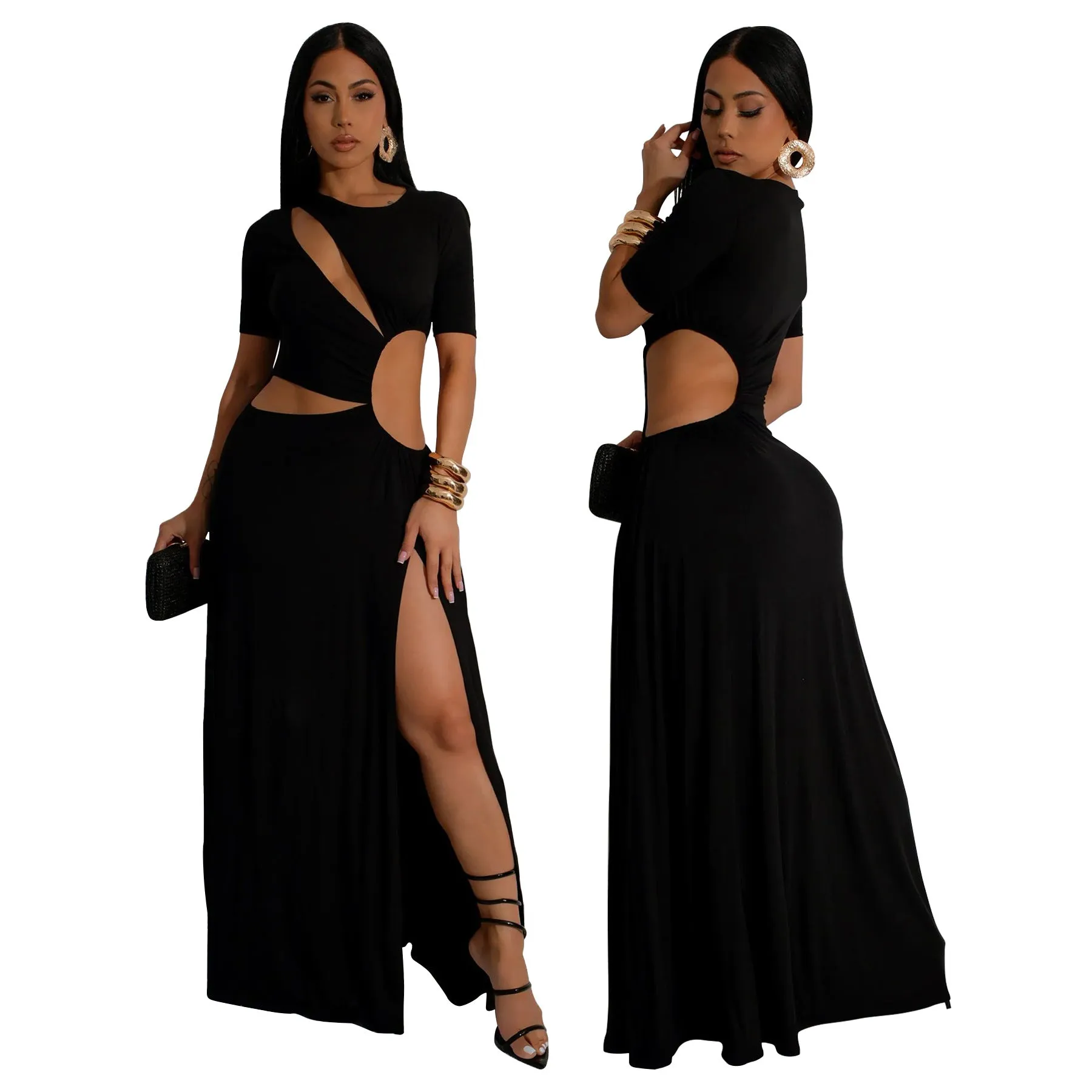 Elegant Cut-Out Maxi Dress with High Slit and Irregular Waist Design
