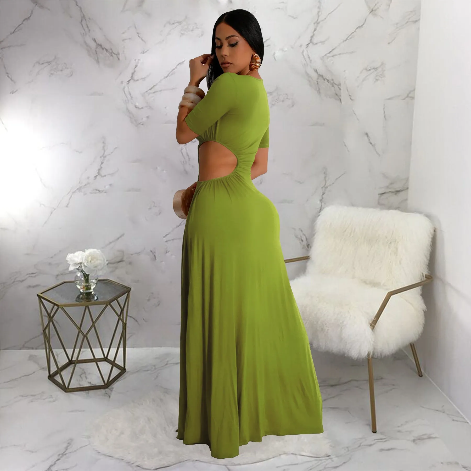 Elegant Cut-Out Maxi Dress with High Slit and Irregular Waist Design