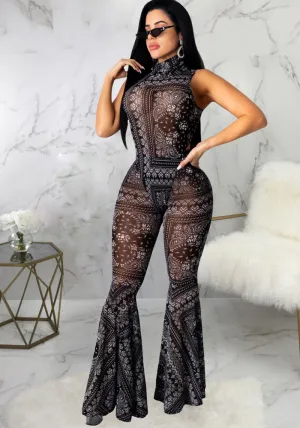 Exquisite High-Neck Lace Flare Jumpsuit for Bold Style Statements