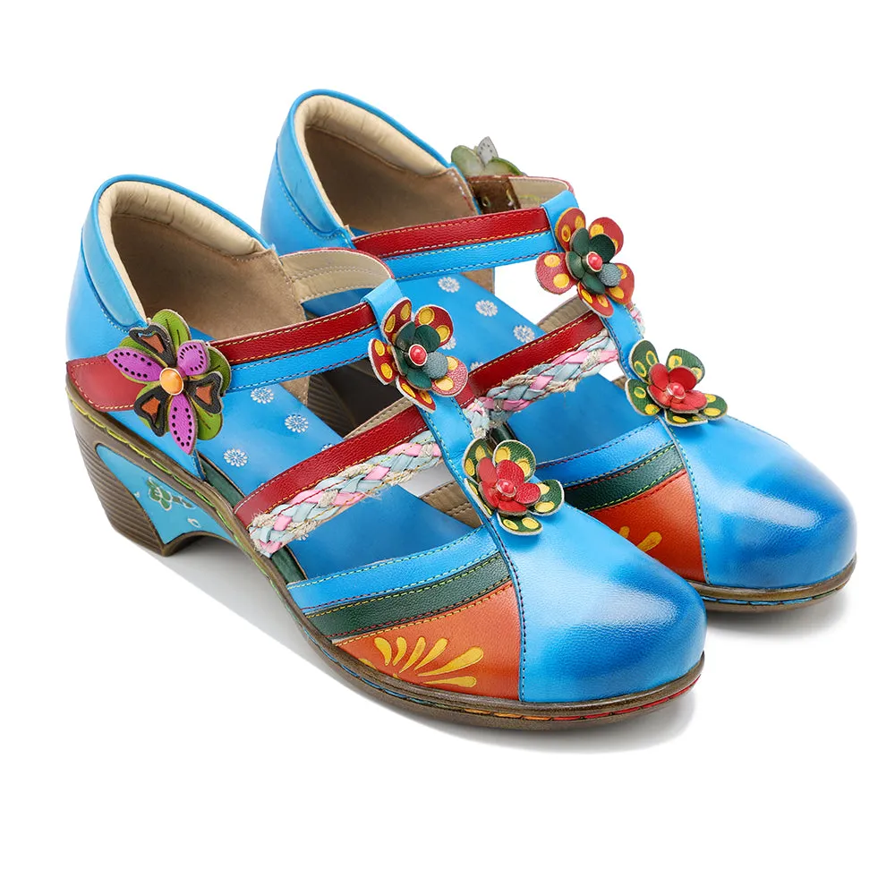 Genuine Leather Applique Craft Turquoise Cut-Out Strap Heel Sandals - Soffia