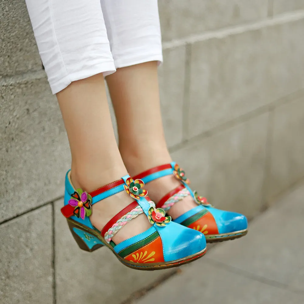 Genuine Leather Applique Craft Turquoise Cut-Out Strap Heel Sandals - Soffia