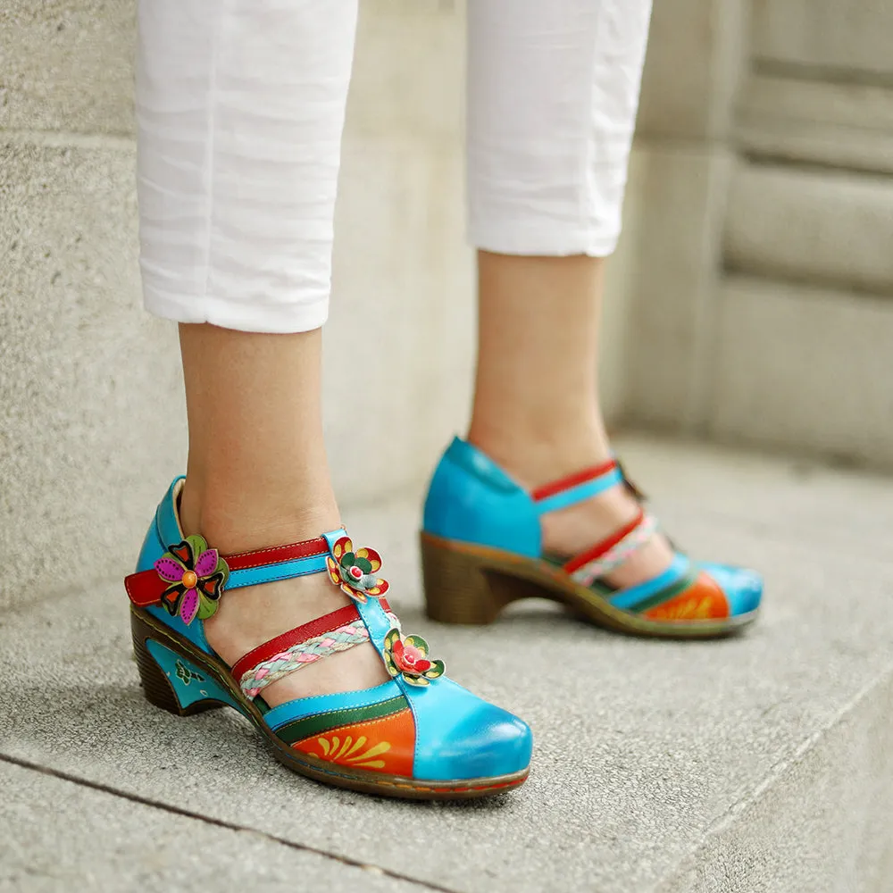 Genuine Leather Applique Craft Turquoise Cut-Out Strap Heel Sandals - Soffia