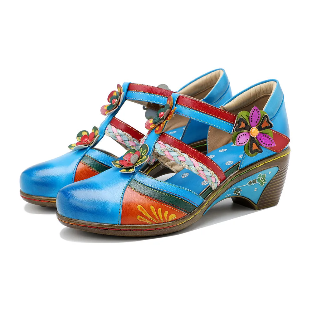 Genuine Leather Applique Craft Turquoise Cut-Out Strap Heel Sandals - Soffia