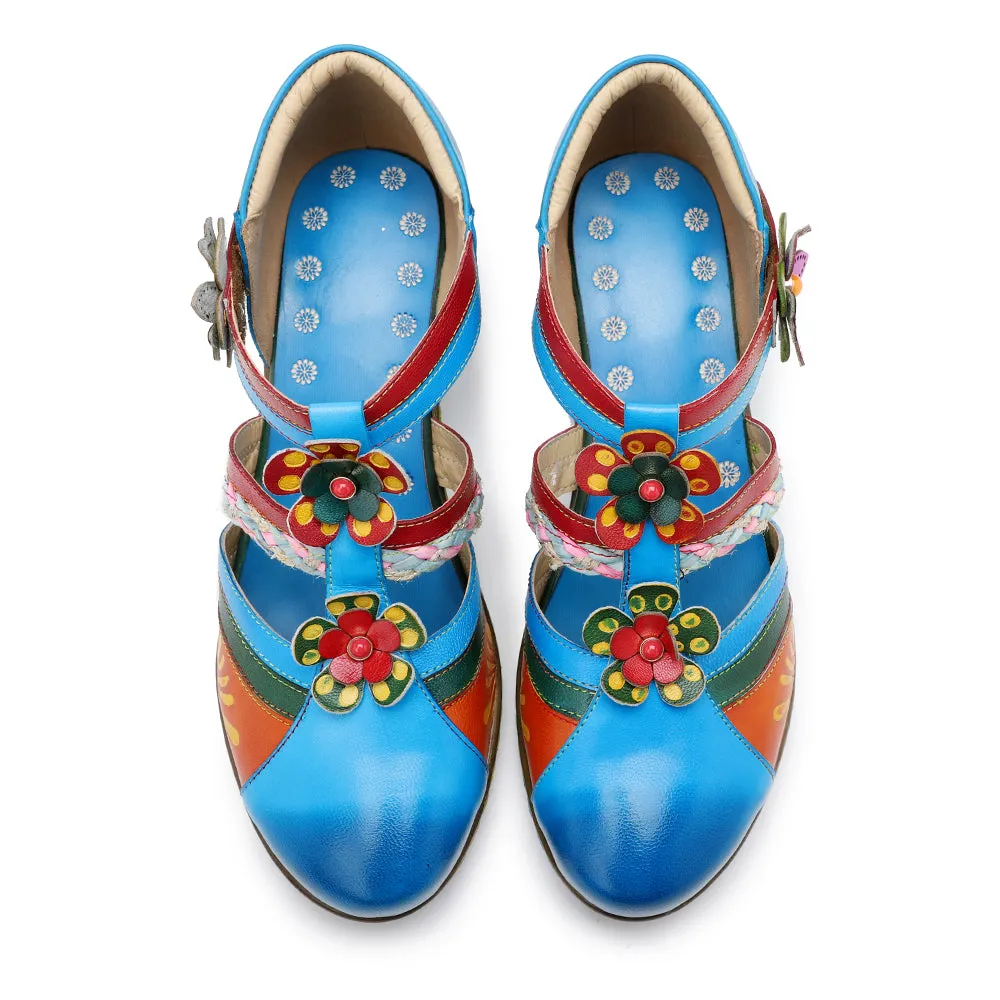 Genuine Leather Applique Craft Turquoise Cut-Out Strap Heel Sandals - Soffia