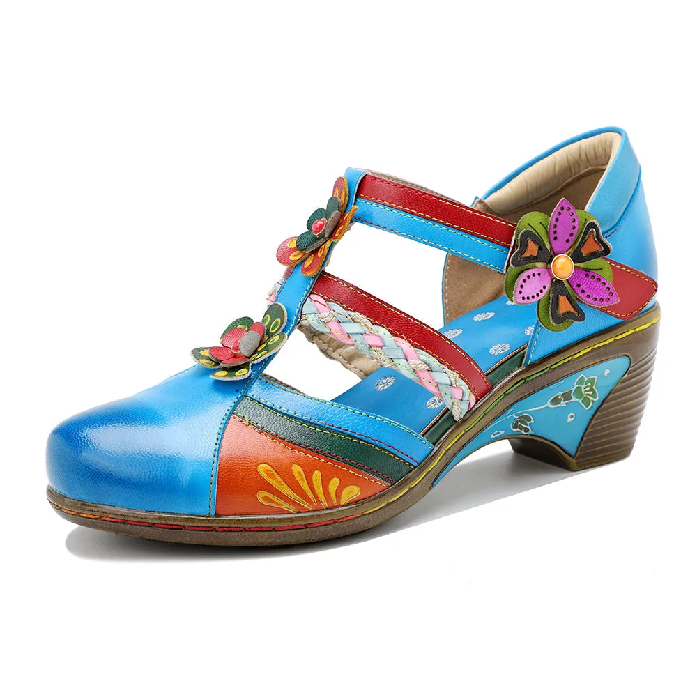 Genuine Leather Applique Craft Turquoise Cut-Out Strap Heel Sandals - Soffia