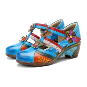 Genuine Leather Applique Craft Turquoise Cut-Out Strap Heel Sandals - Soffia
