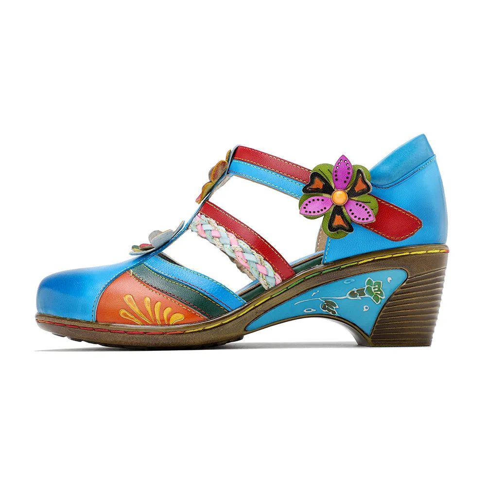 Genuine Leather Applique Craft Turquoise Cut-Out Strap Heel Sandals - Soffia