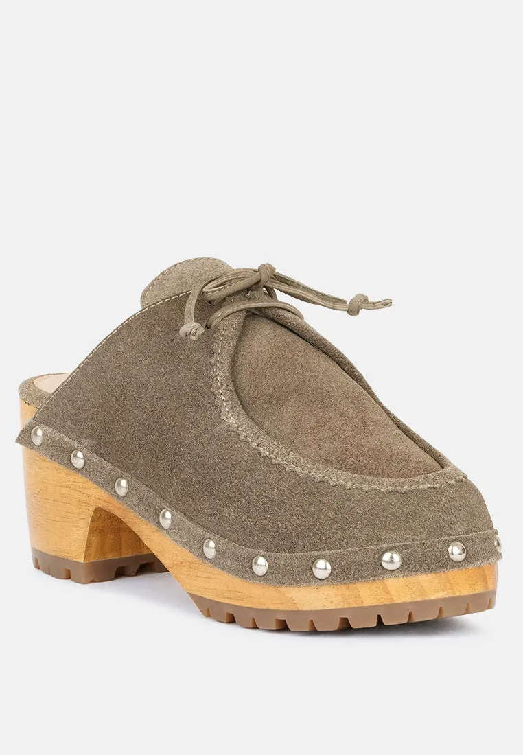 Iroko Suede Tie Detail Stud Clogs By Ruw