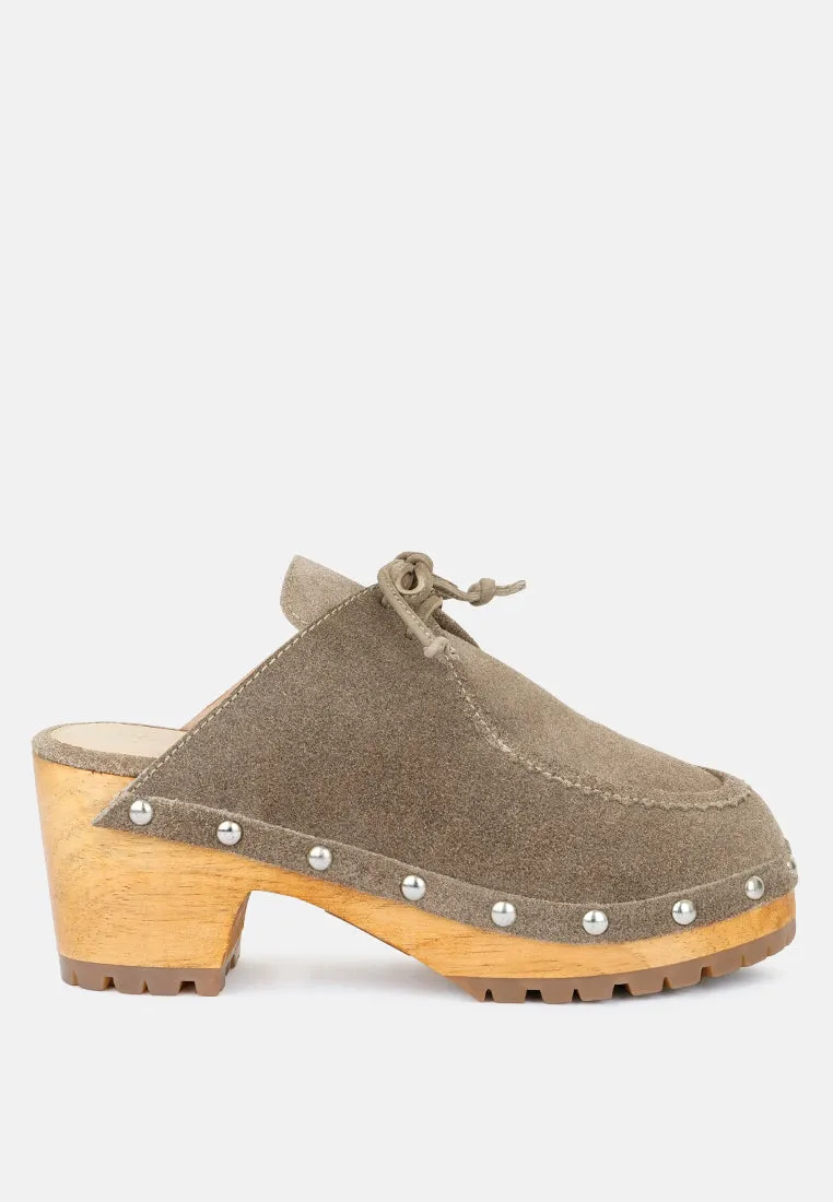 Iroko Suede Tie Detail Stud Clogs By Ruw