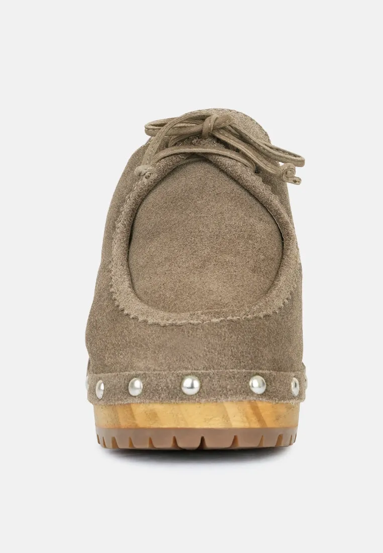 Iroko Suede Tie Detail Stud Clogs By Ruw
